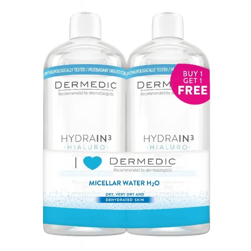 Dermedic Hydrain3 Hialuro micelarna voda H2O  500 ml 1+1 gratis 